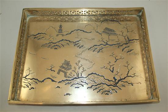 A Chinese Paktong and black enamel scholars desk tray, 19th century, 33cm